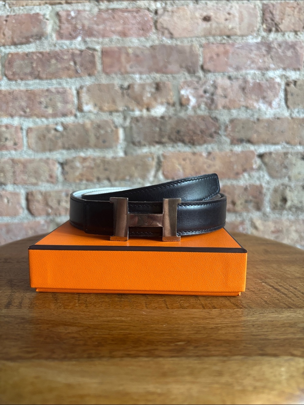 HERMES Leather Belt with H Buckle - Black/Grey